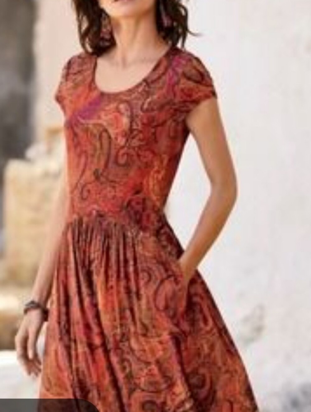 Peruvian Connection Sylphide Dress S Burnt Orange Paisley Drop Waist Midi Pocket
